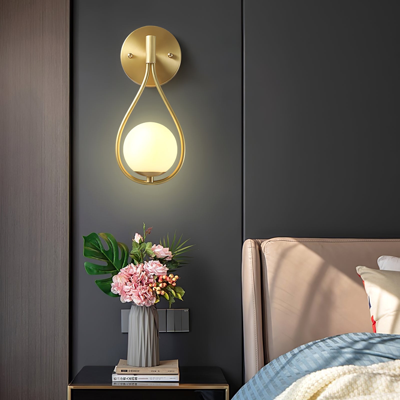 Modern Solid Brass Wall Sconce with Opal Glass Shade Set of 2 Indoor Wall Mounted Lighting Fixture