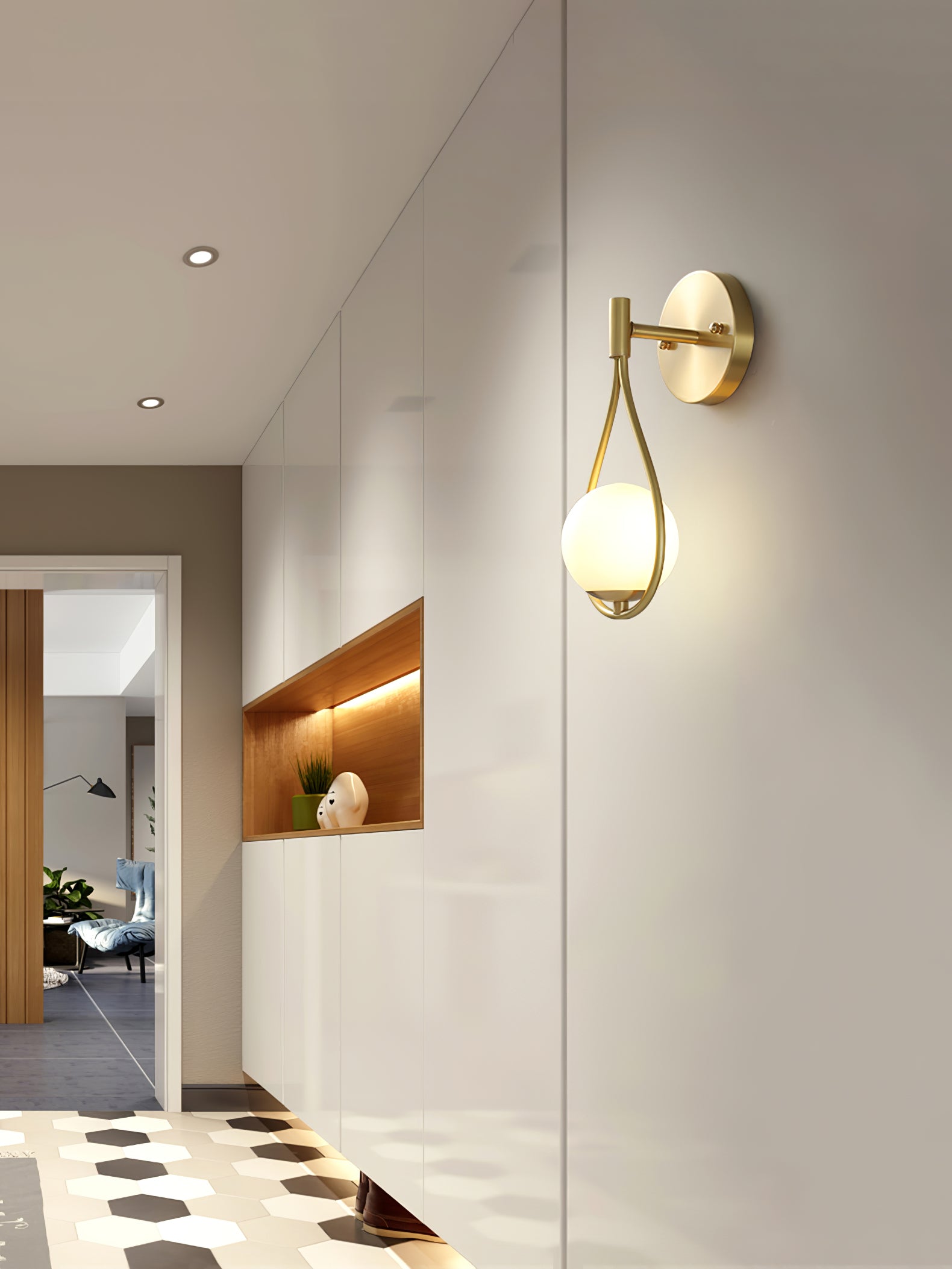 Modern Solid Brass Wall Sconce with Opal Glass Shade Set of 2 Indoor Wall Mounted Lighting Fixture