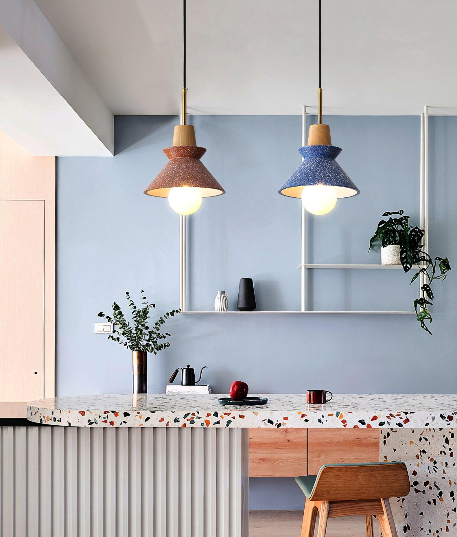 Modern Space Stone Spherical Pendant Light Resin and Wood Ceiling Hanging Lamp