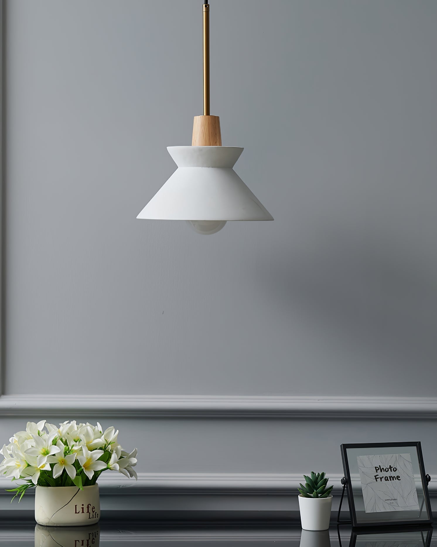 Modern Space Stone Spherical Pendant Light Resin and Wood Ceiling Hanging Lamp
