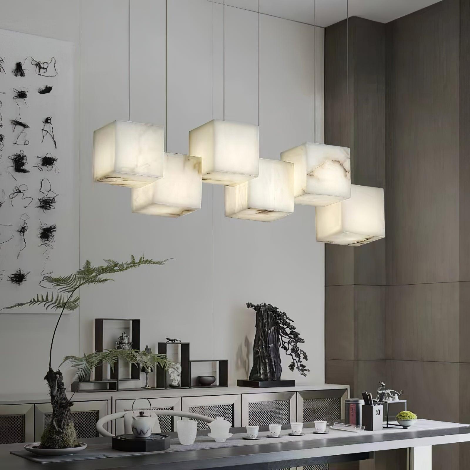 Modern Spanish Alabaster Box Pendant Light Minimalist Linear Ceiling Chandelier for Dining Room