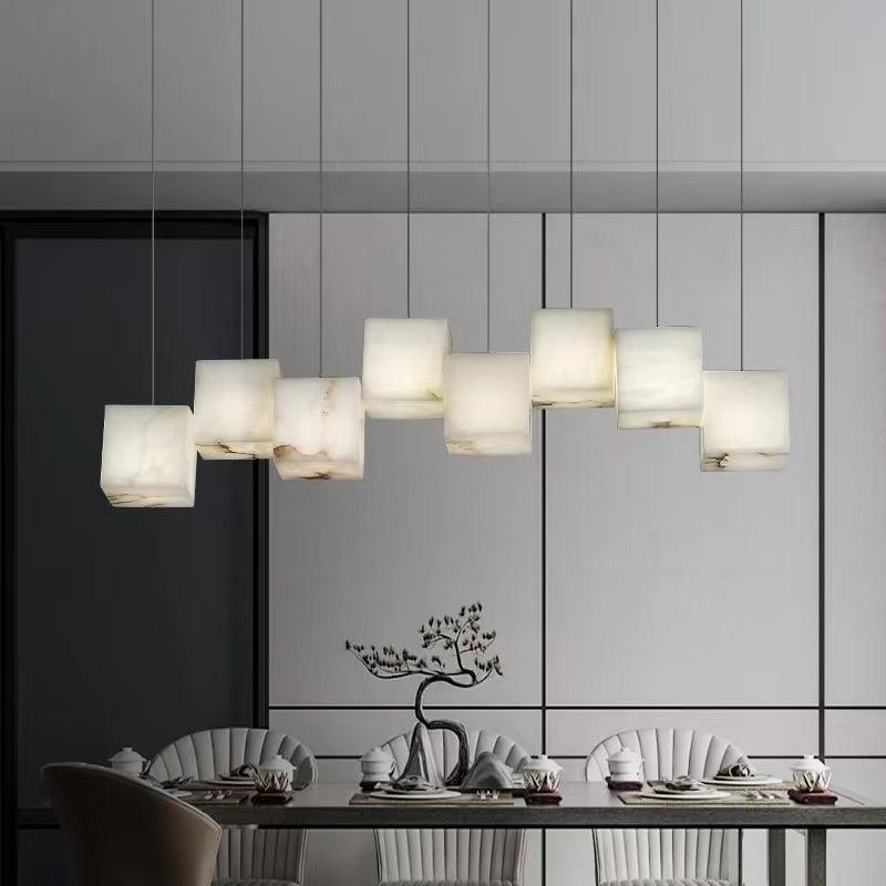 Modern Spanish Alabaster Box Pendant Light Minimalist Linear Ceiling Chandelier for Dining Room