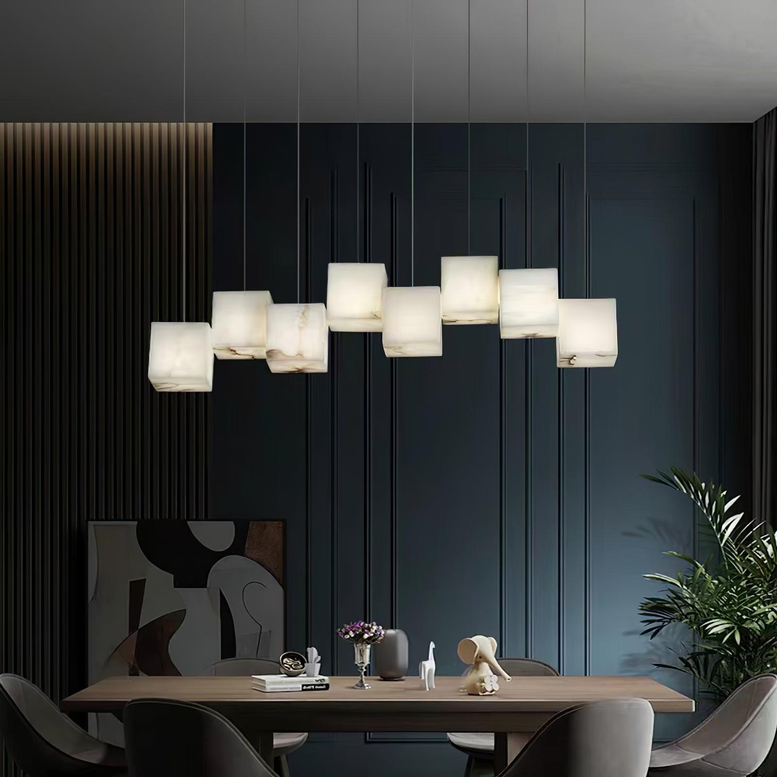 Modern Spanish Alabaster Box Pendant Light Minimalist Linear Ceiling Chandelier for Dining Room