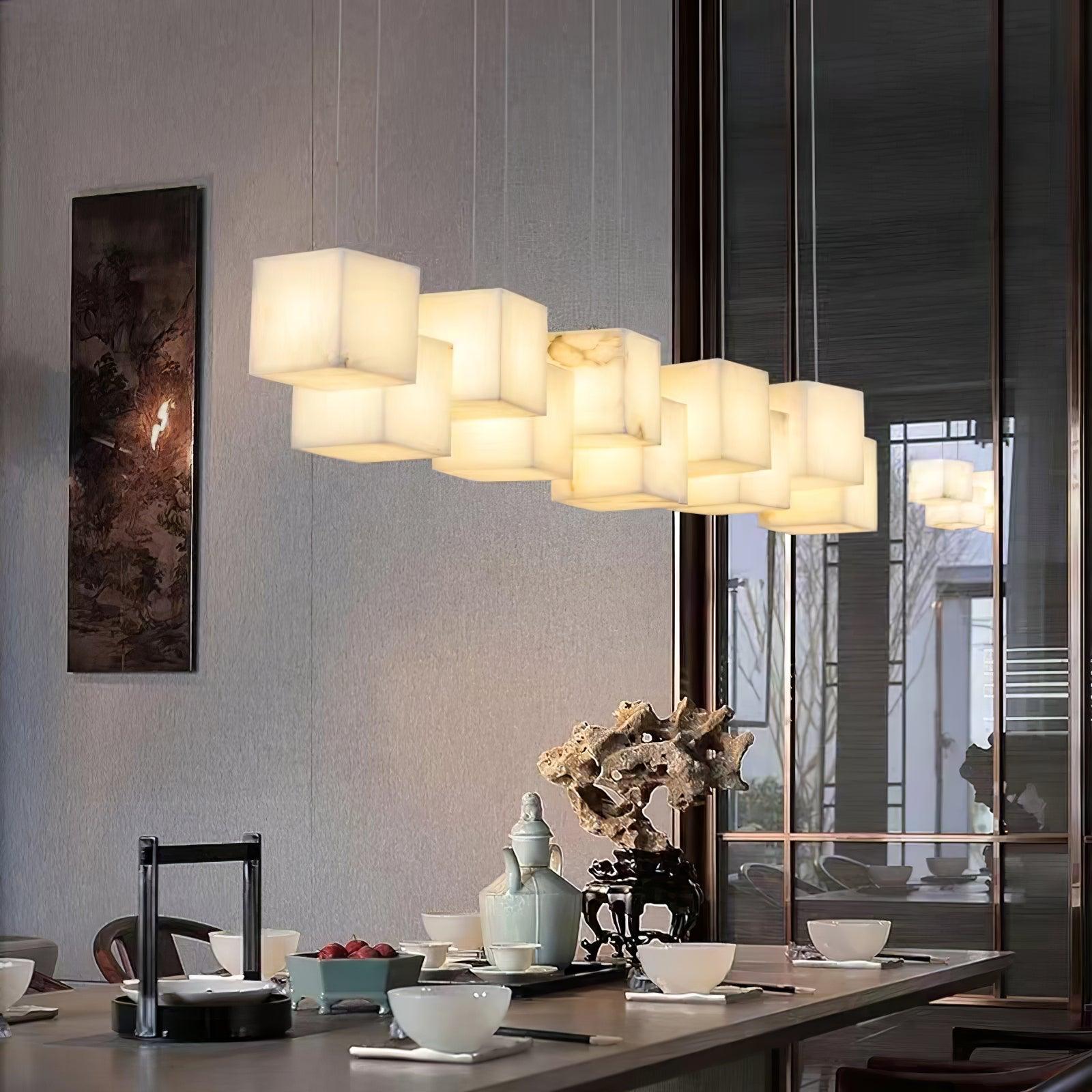 Modern Spanish Alabaster Box Pendant Light Minimalist Linear Ceiling Chandelier for Dining Room