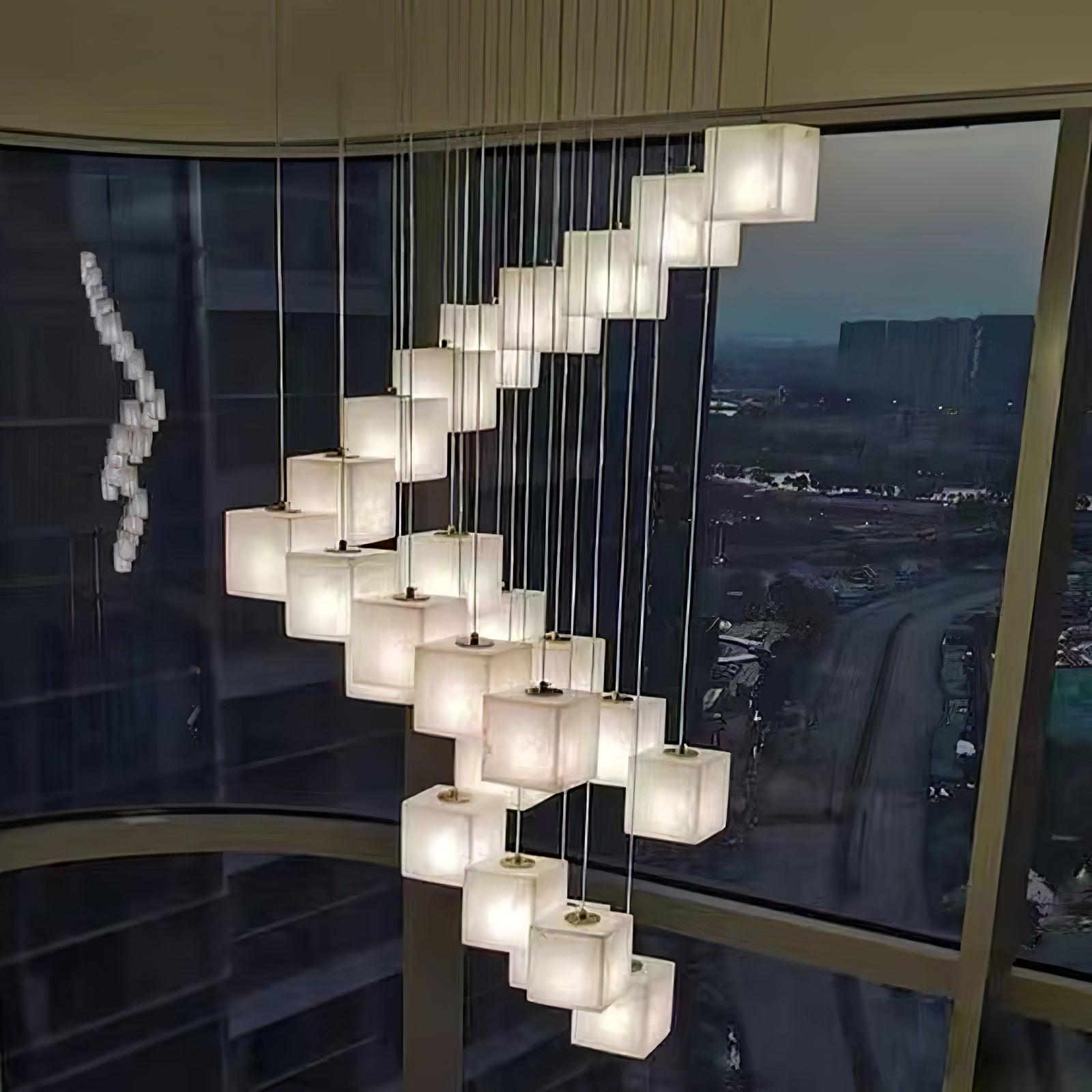 Modern Spanish Alabaster Box Pendant Light Minimalist Linear Ceiling Chandelier for Dining Room