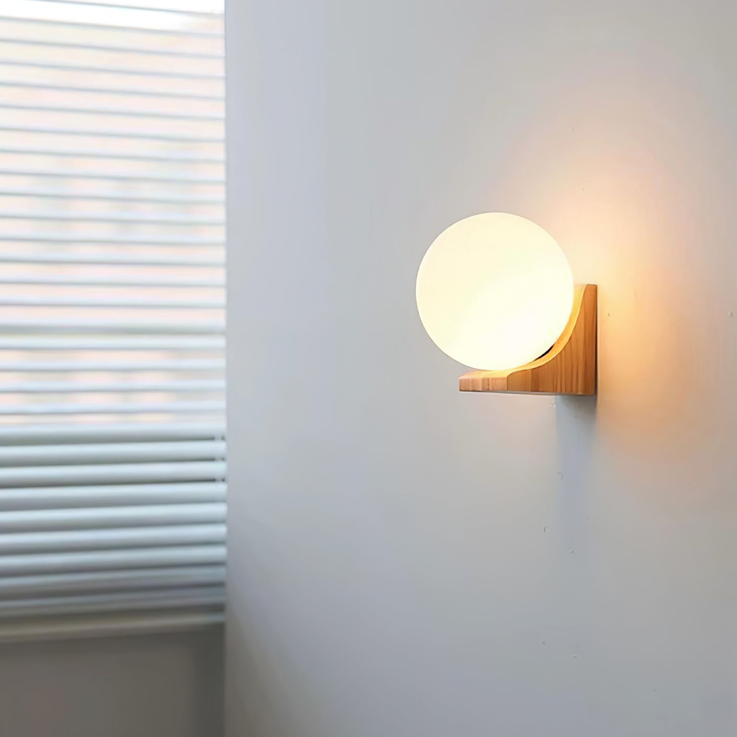 Modern Spherical Glass Globe Wall Sconce with Natural Solid Wood Base and G9 LED Socket