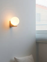 Modern Spherical Glass Globe Wall Sconce with Natural Solid Wood Base and G9 LED Socket
