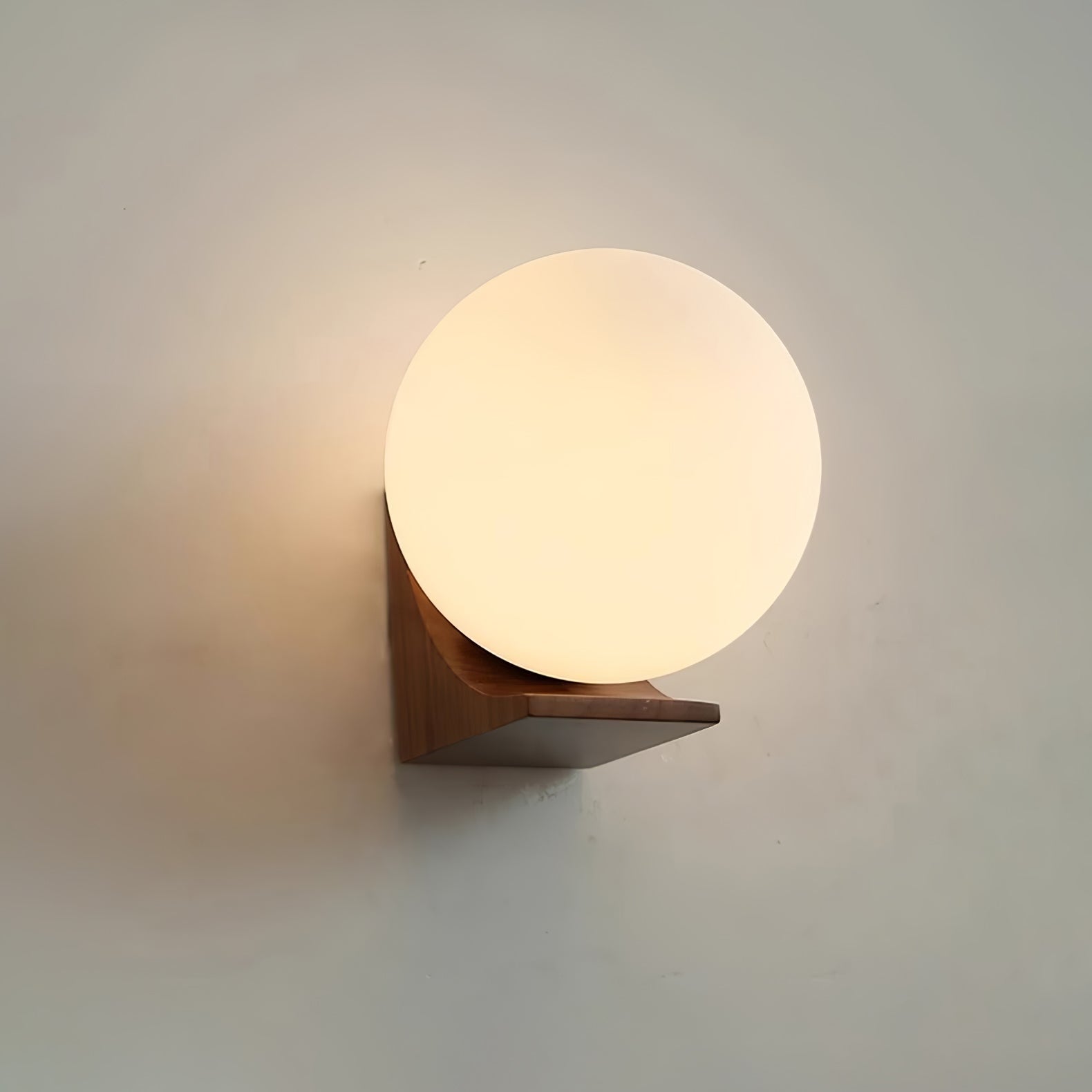 Modern Spherical Glass Globe Wall Sconce with Natural Solid Wood Base and G9 LED Socket