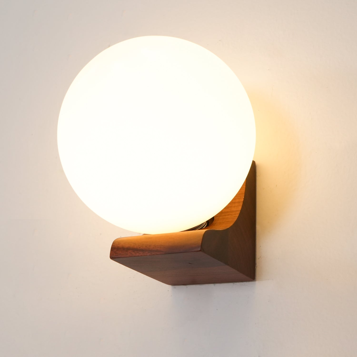 Modern Spherical Glass Globe Wall Sconce with Natural Solid Wood Base and G9 LED Socket