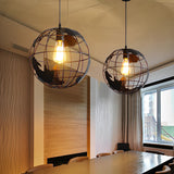 Modern Spherical Iron Cage Chandelier Vintage Style Hanging Lamp in Black and White