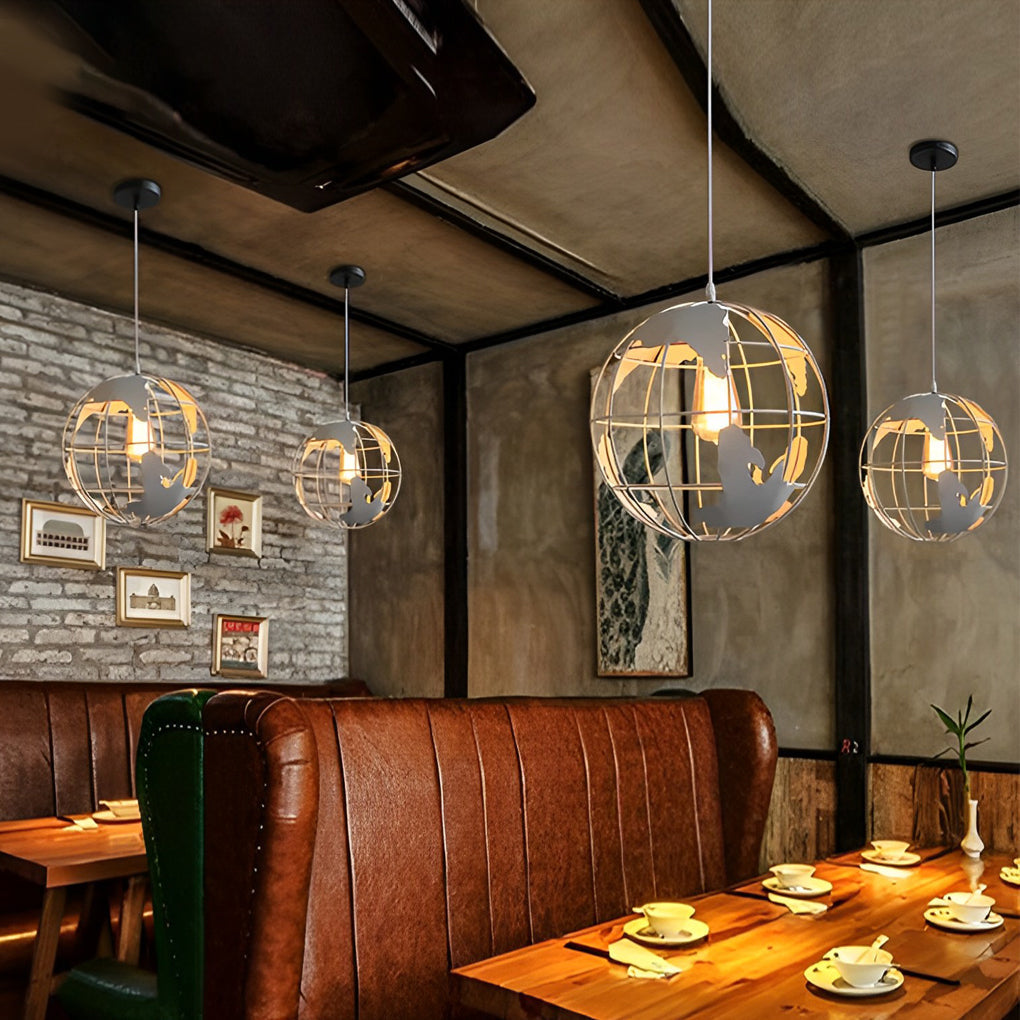 Modern Spherical Iron Cage Chandelier Vintage Style Hanging Lamp in Black and White