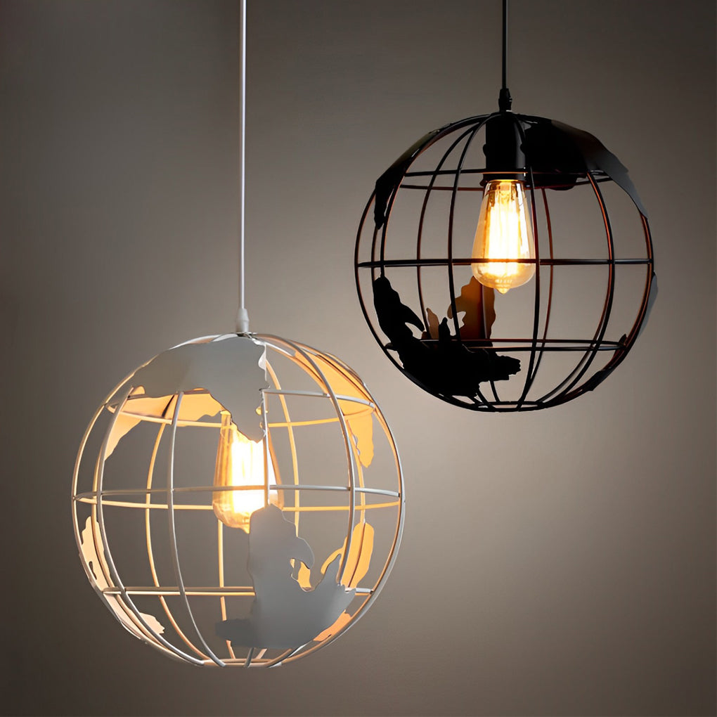 Modern Spherical Iron Cage Chandelier Vintage Style Hanging Lamp in Black and White