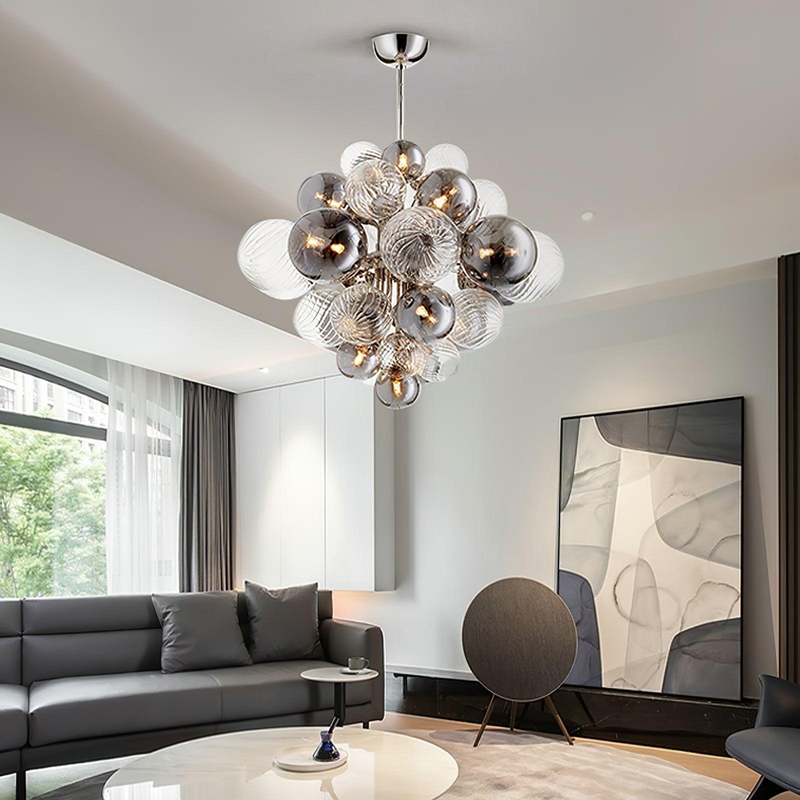 Modern Spiral Glass Globe Chandelier in Chrome Finish with Smoke Grey Accents
