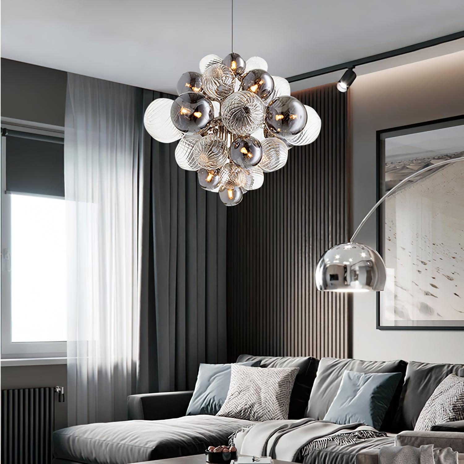 Modern Spiral Glass Globe Chandelier in Chrome Finish with Smoke Grey Accents
