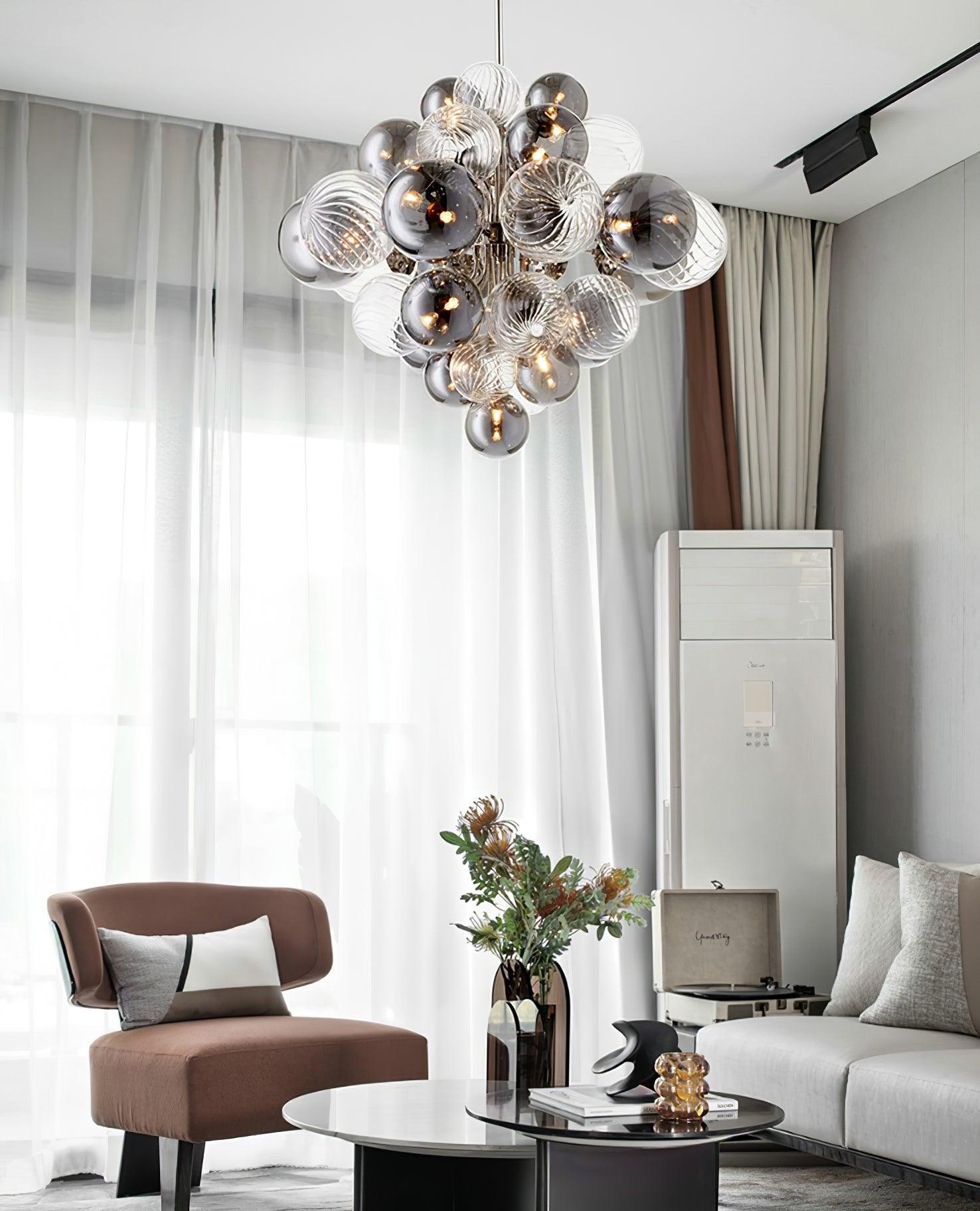 Modern Spiral Glass Globe Chandelier in Chrome Finish with Smoke Grey Accents