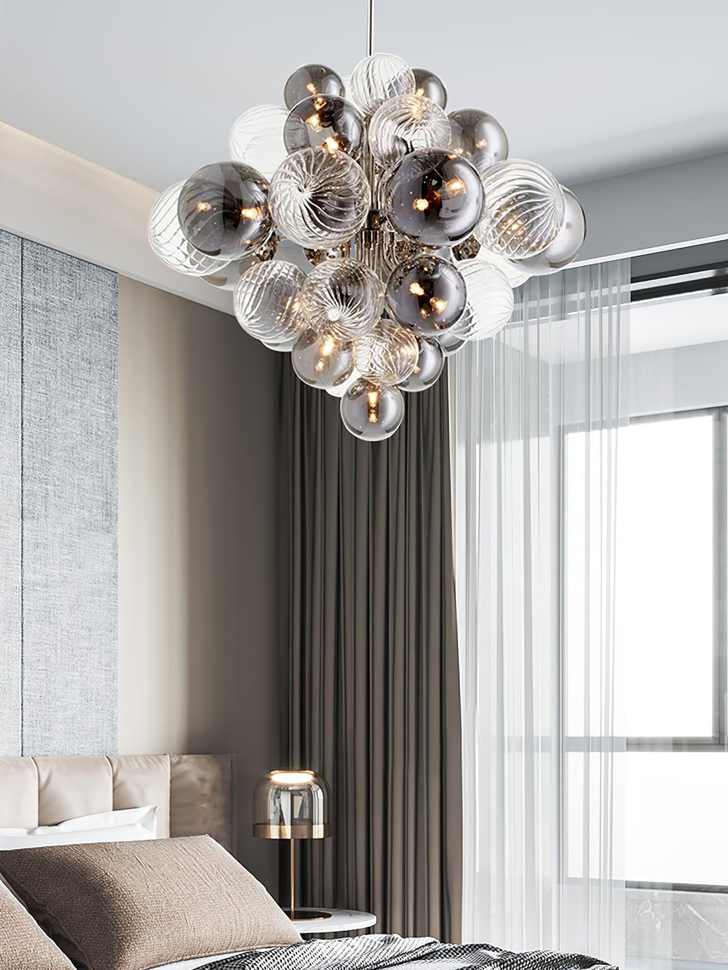 Modern Spiral Glass Globe Chandelier in Chrome Finish with Smoke Grey Accents