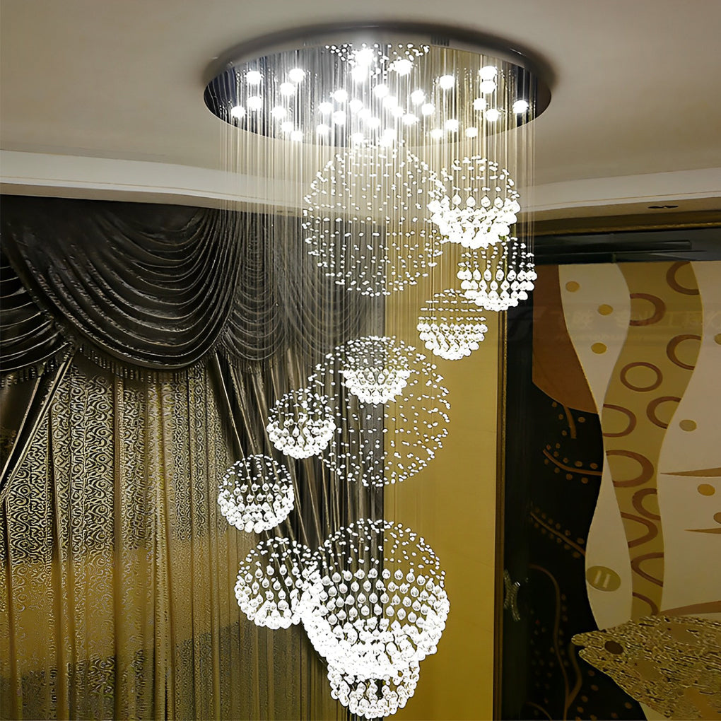 Modern Spiral Raindrop Crystal Ball LED Chandelier for Staircase and Grand Foyer