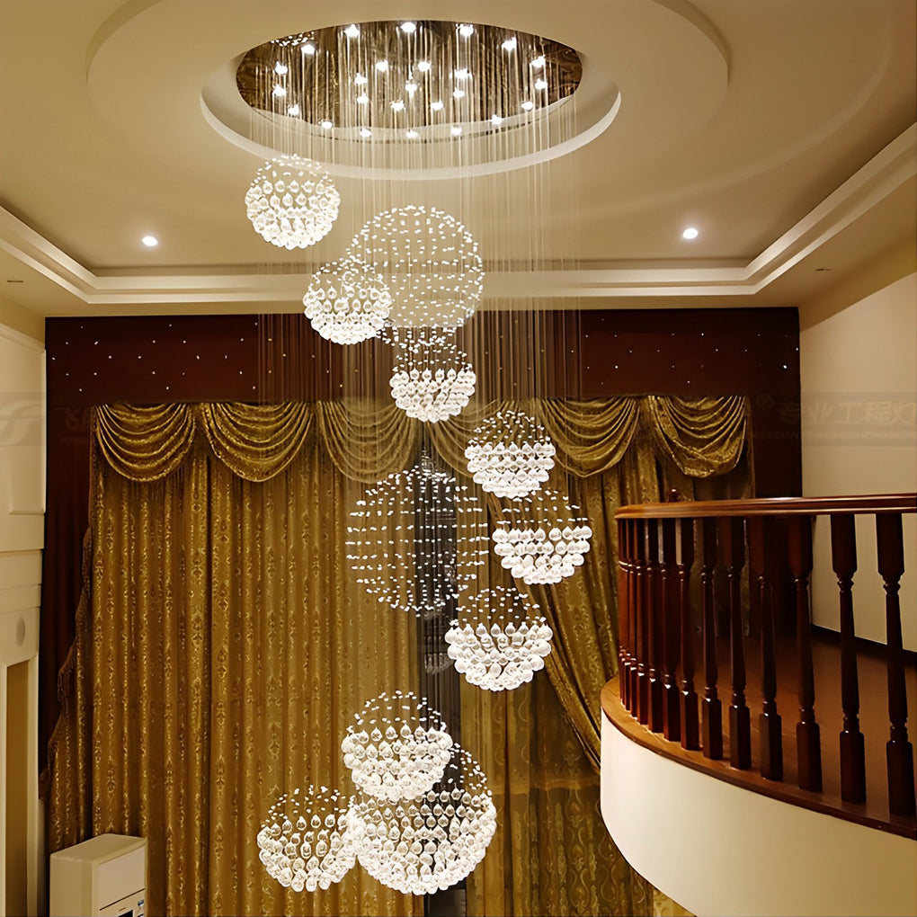 Modern Spiral Raindrop Crystal Ball LED Chandelier for Staircase and Grand Foyer