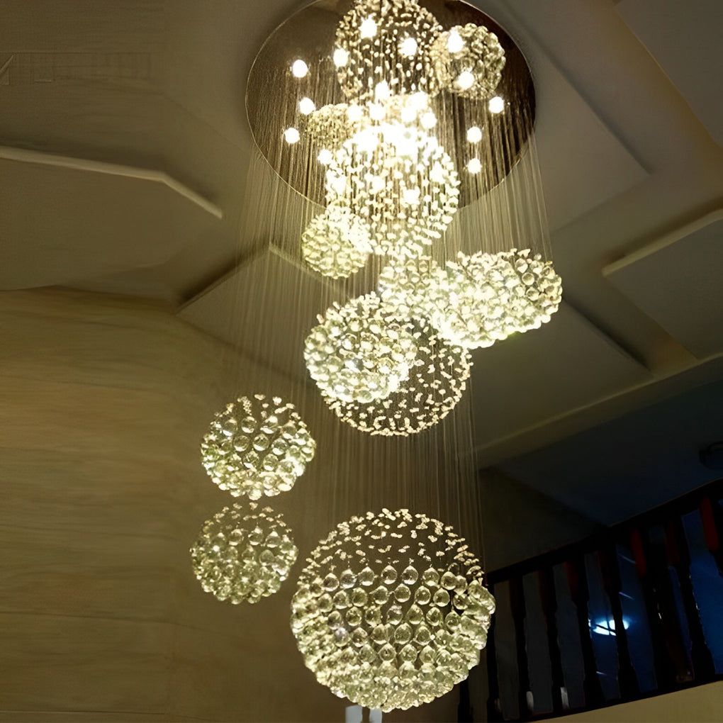 Modern Spiral Raindrop Crystal Ball LED Chandelier for Staircase and Grand Foyer