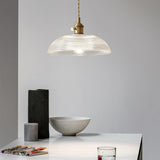 Modern Spiral Ribbed Glass Ceiling Pendant Light with Polished Brass Accents