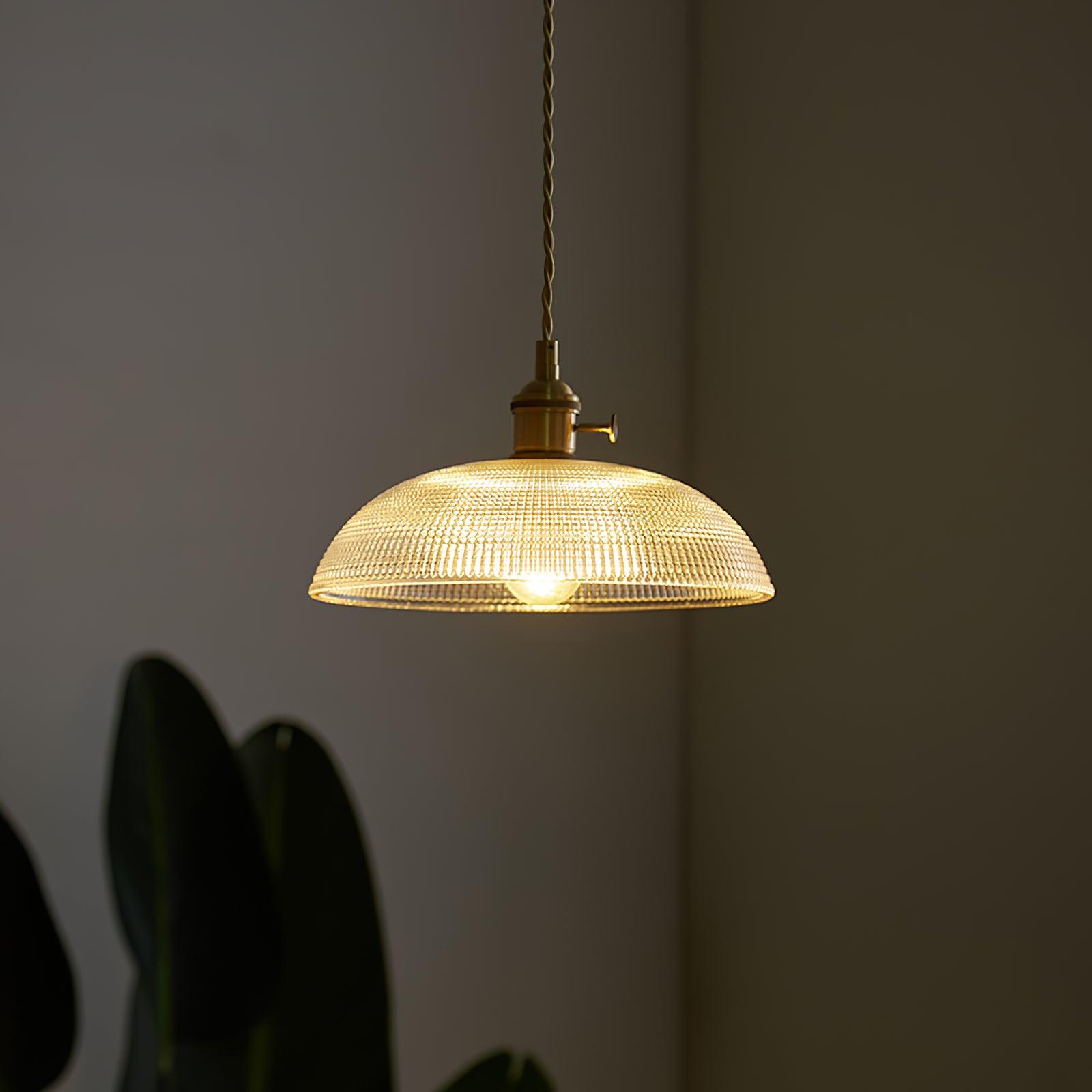 Modern Spiral Ribbed Glass Ceiling Pendant Light with Polished Brass Accents