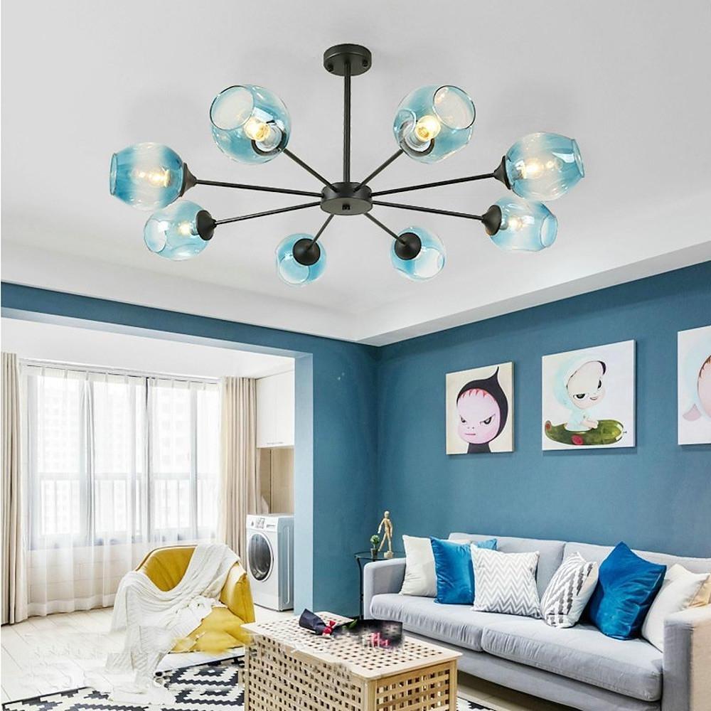 Modern Sputnik 8 Light Glass Globe Chandelier Metal Mid Century Ceiling Fixture
