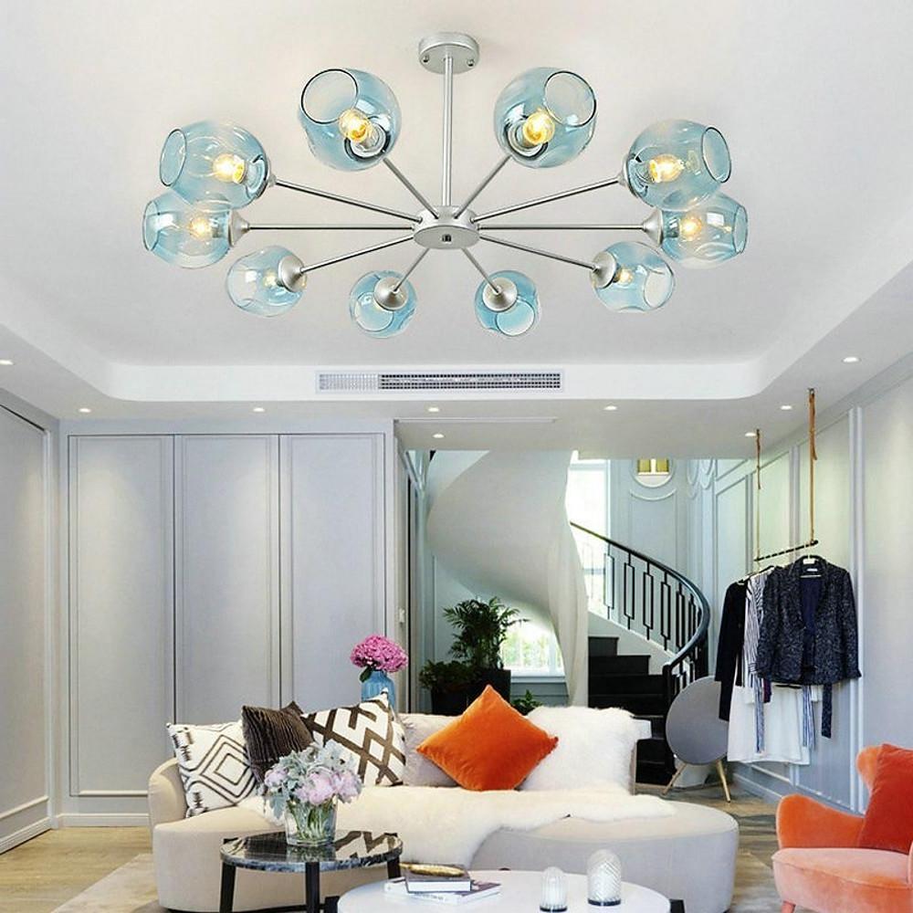 Modern Sputnik 8 Light Glass Globe Chandelier Metal Mid Century Ceiling Fixture