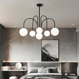 Modern Sputnik Chandelier with Milky White Ball Glass Shades and Curved Linear Gold or Black Frame
