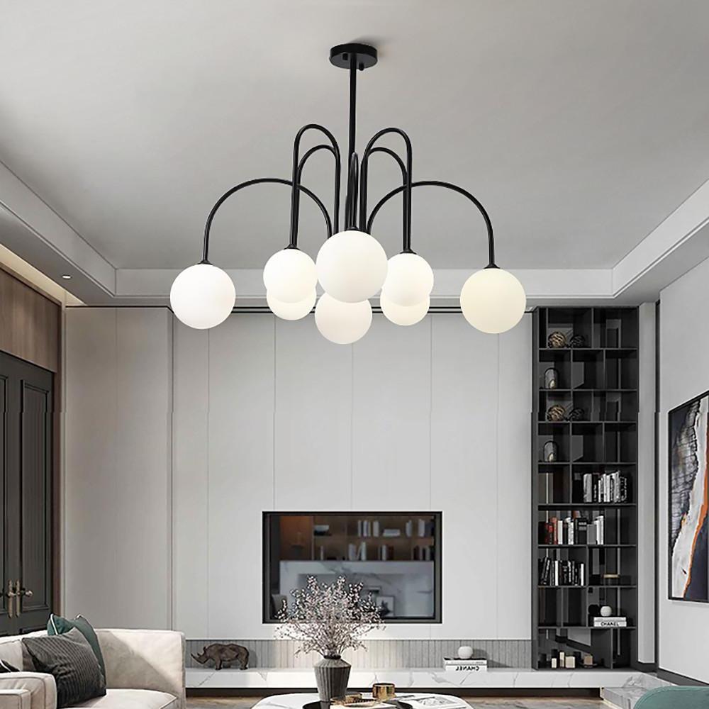 Modern Sputnik Curved Linear Chandelier White Glass Ball Shade Pendant Light Gold Black