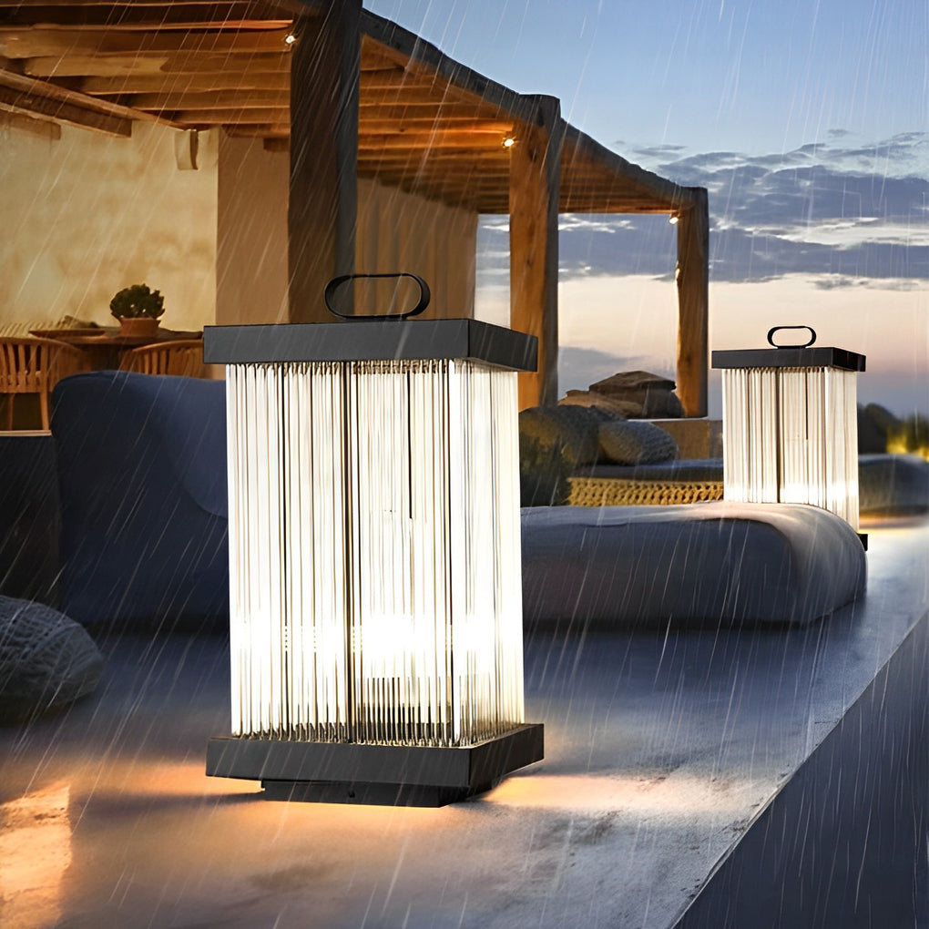 Modern Square Black Waterproof Outdoor Lantern with Striped Glass for Landscape Garden and Path Lighting