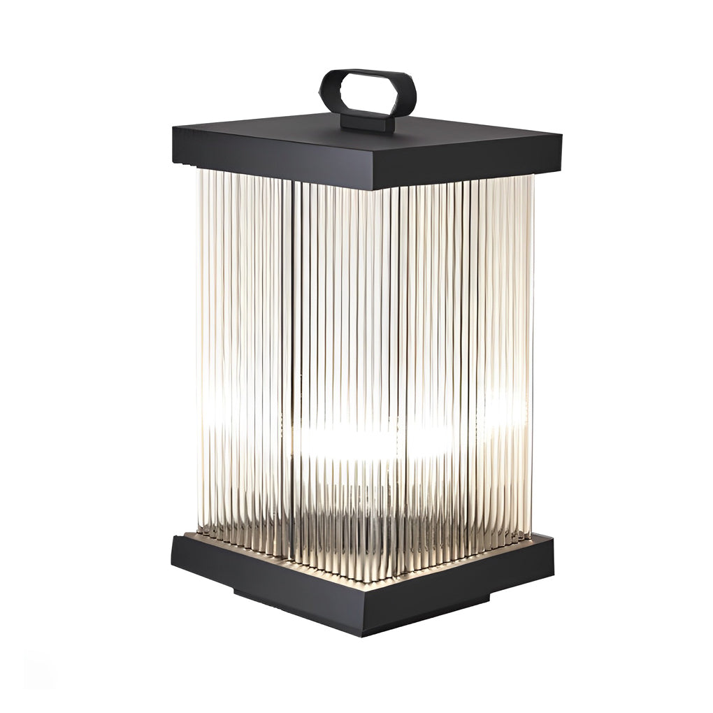 Modern Square Black Waterproof Outdoor Lantern with Striped Glass for Landscape Garden and Path Lighting