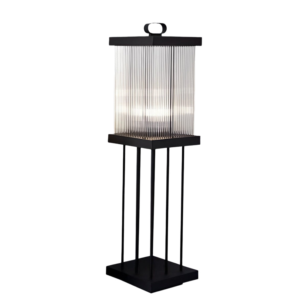 Modern Square Black Waterproof Outdoor Lantern with Striped Glass for Landscape Garden and Path Lighting