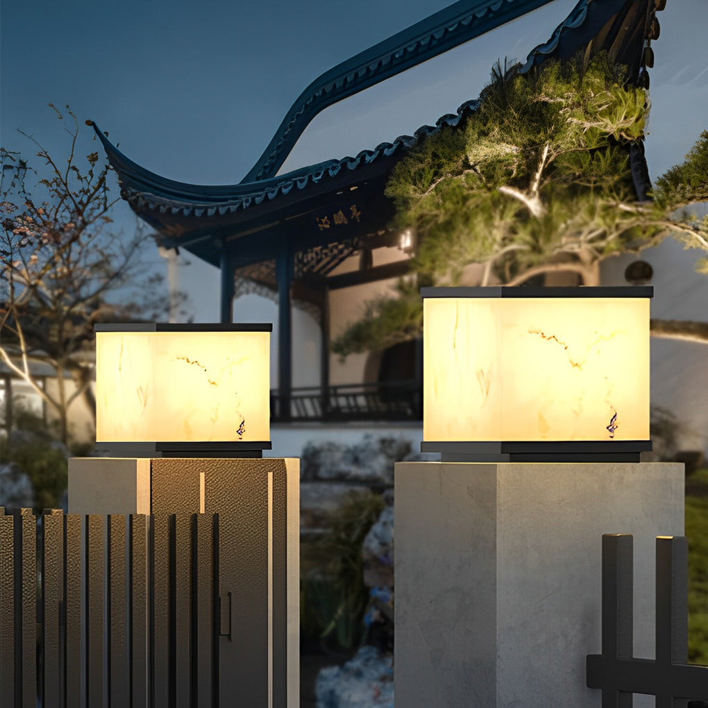 Modern Square Marbled LED Solar Powered Fence Post Light Waterproof Outdoor Pillar Lantern
