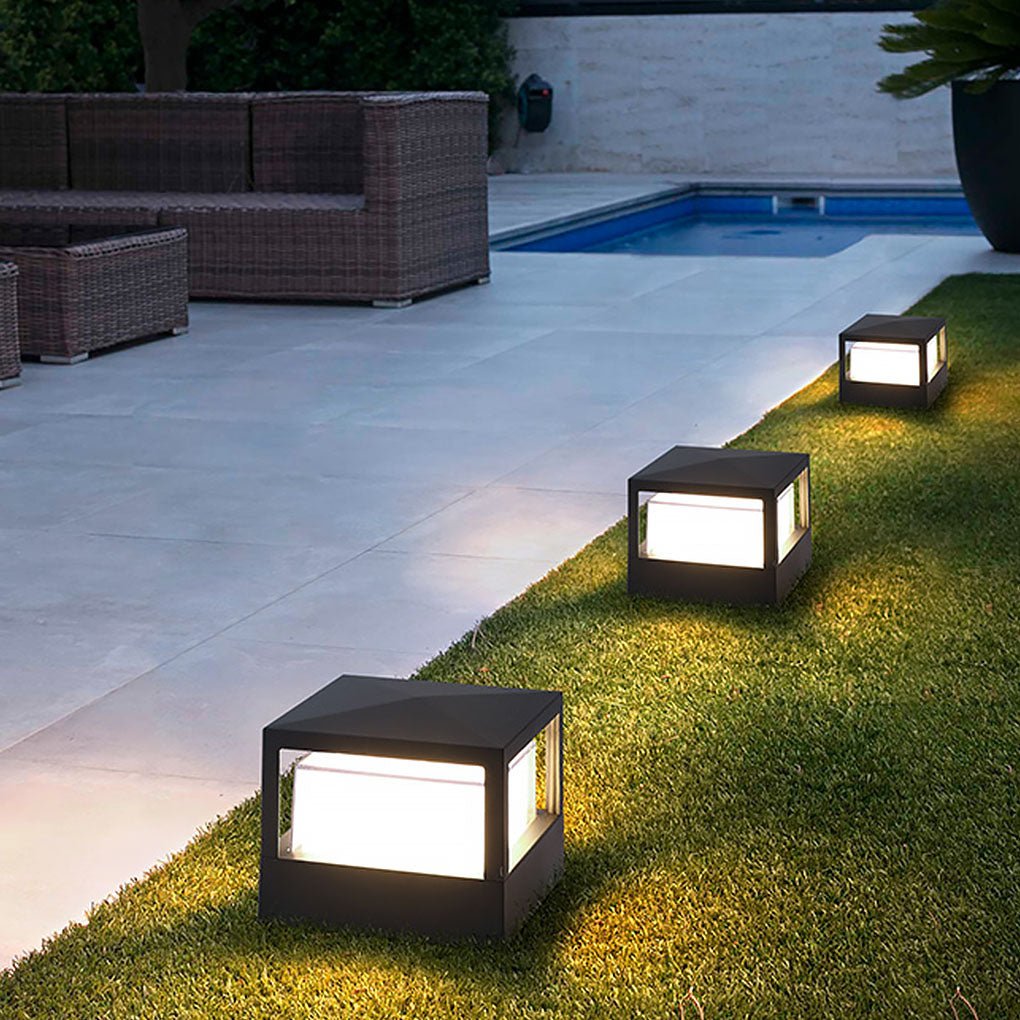 Modern Square Outdoor LED Pier Mount Post Light with Dual Layer Shade for Courtyards