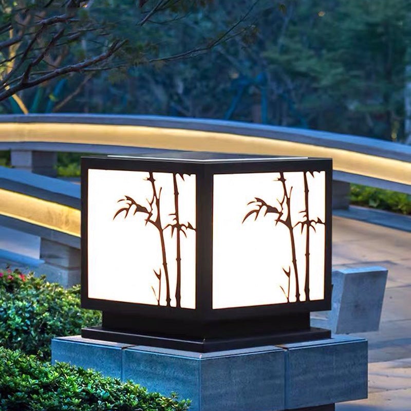 Modern Square Solar Pillar Light Waterproof Outdoor Post Lamp with Bamboo Design Acrylic Shade