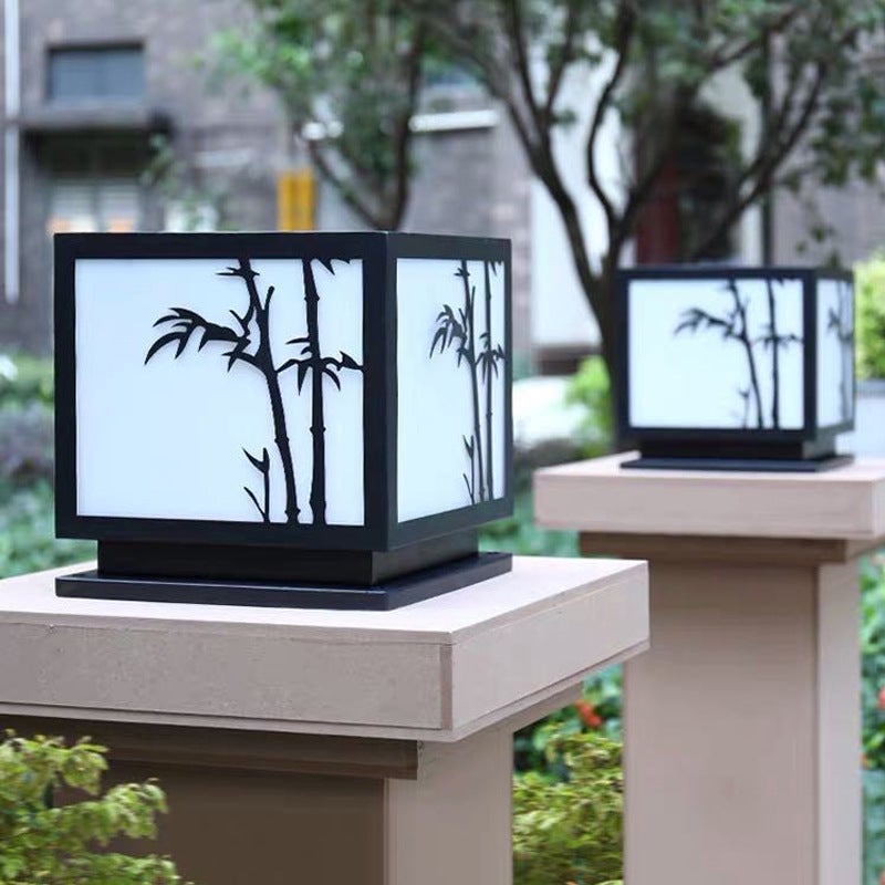 Modern Square Solar Pillar Light Waterproof Outdoor Post Lamp with Bamboo Design Acrylic Shade