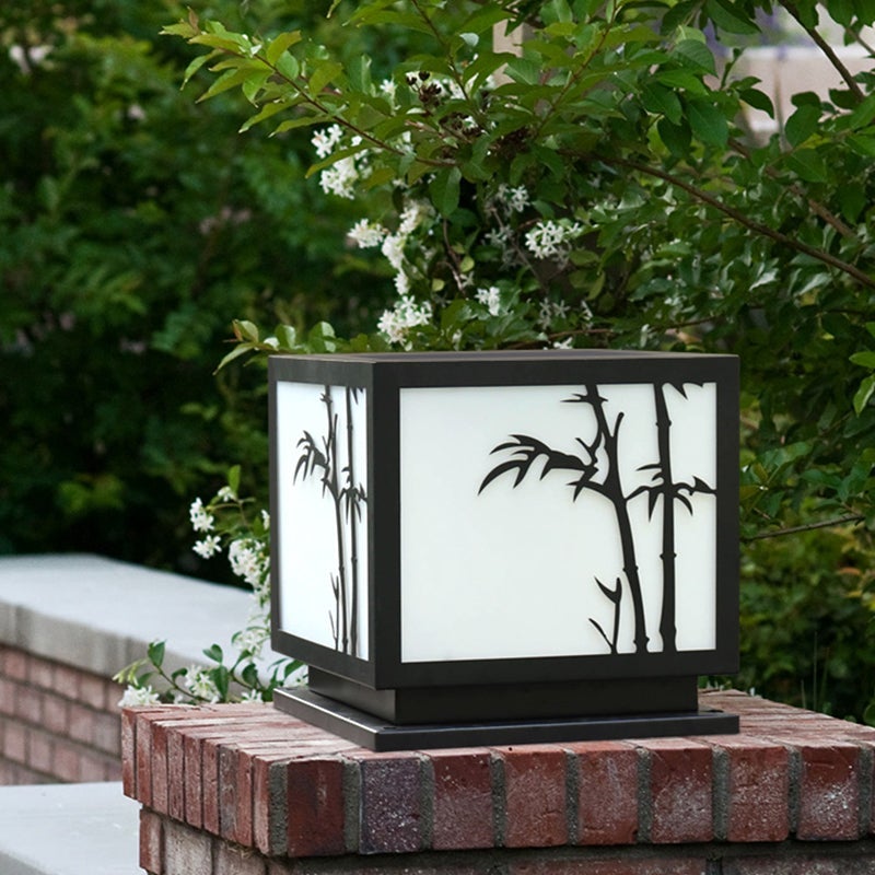 Modern Square Solar Pillar Light Waterproof Outdoor Post Lamp with Bamboo Design Acrylic Shade