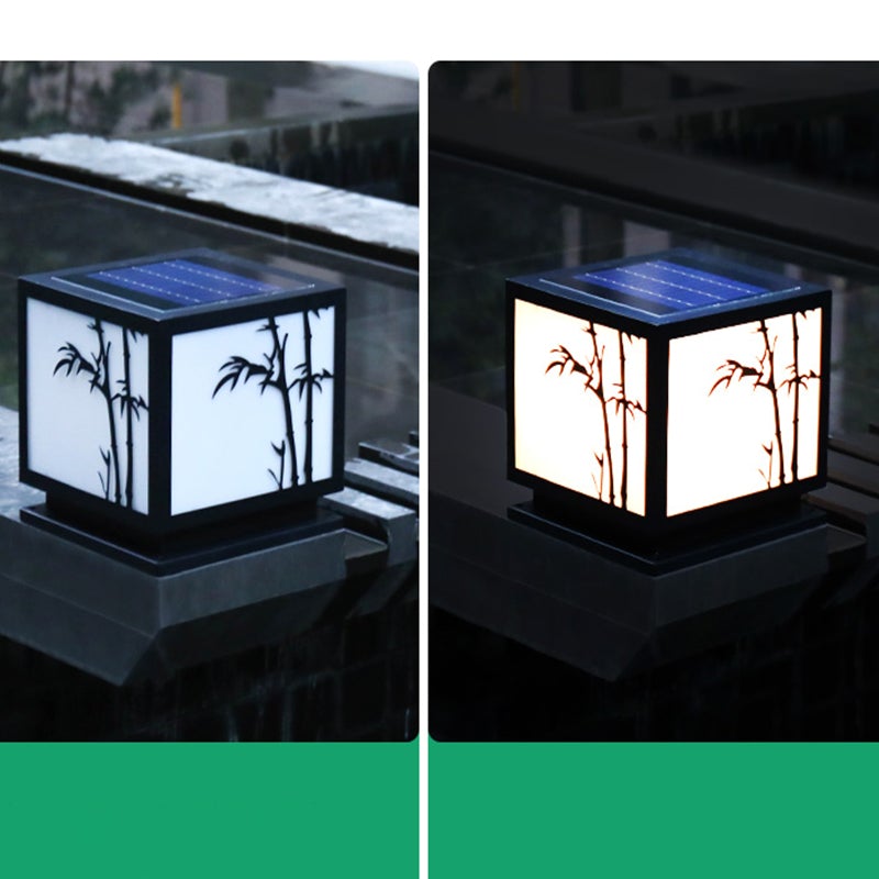 Modern Square Solar Pillar Light Waterproof Outdoor Post Lamp with Bamboo Design Acrylic Shade