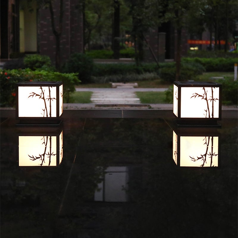 Modern Square Solar Pillar Light Waterproof Outdoor Post Lamp with Bamboo Design Acrylic Shade