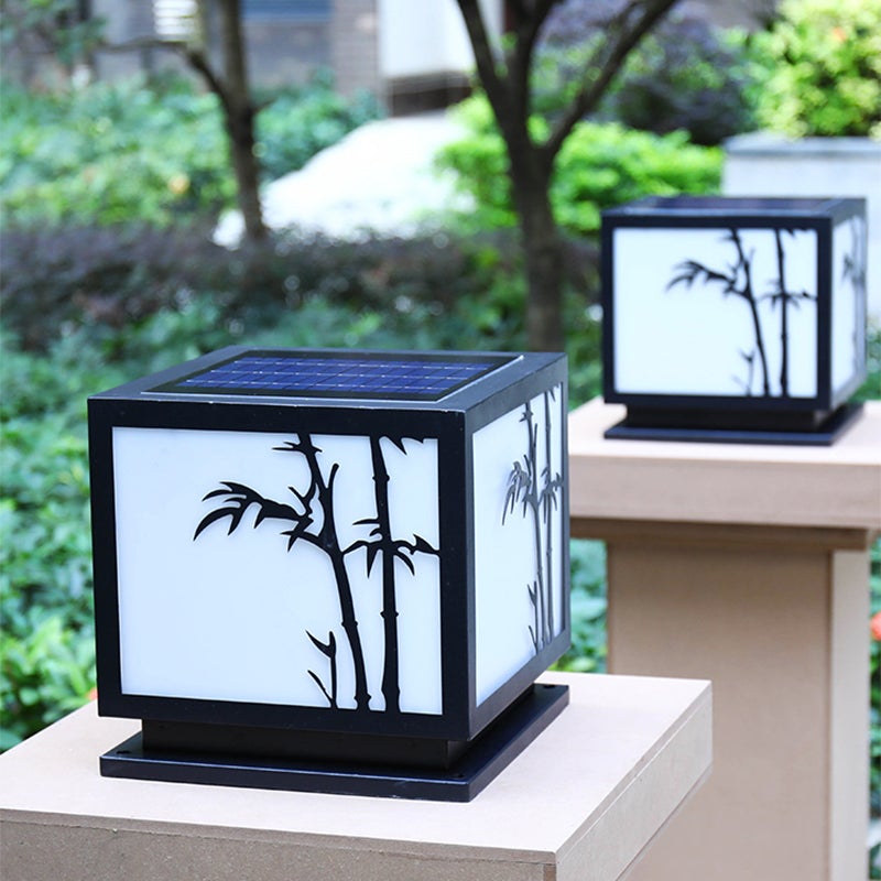 Modern Square Solar Pillar Light Waterproof Outdoor Post Lamp with Bamboo Design Acrylic Shade