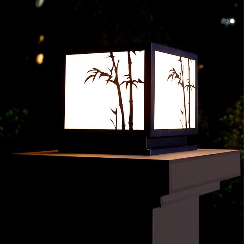 Modern Square Solar Pillar Light Waterproof Outdoor Post Lamp with Bamboo Design Acrylic Shade