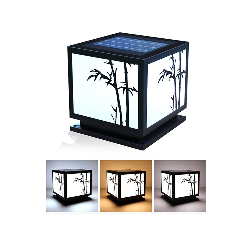 Modern Square Solar Pillar Light Waterproof Outdoor Post Lamp with Bamboo Design Acrylic Shade