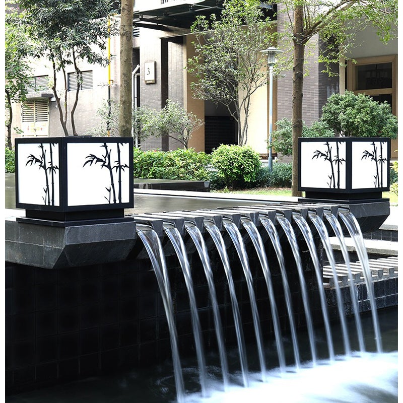 Modern Square Solar Pillar Light Waterproof Outdoor Post Lamp with Bamboo Design Acrylic Shade
