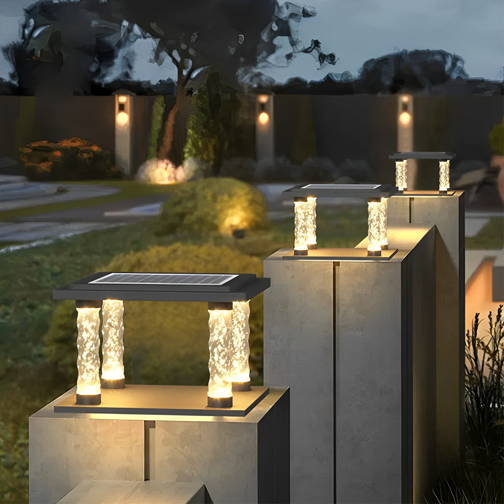 Modern Square Solar Post Cap Lights Outdoor Waterproof LED Bubble Glass Pillar Lantern for Garden Fence