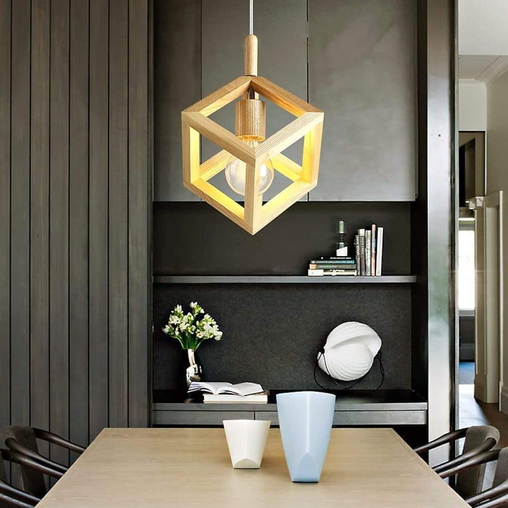 Modern Square Wood Pendant Light Geometric Wooden Island Hanging Ceiling Lamp for Dining Room
