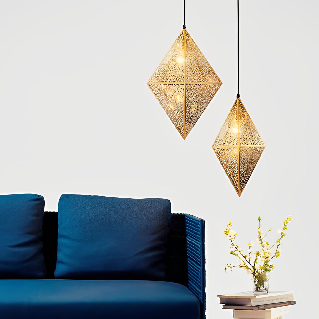 Modern Stainless Steel Geometric Polyhedral Pendant Light Hollow Art Deco Chandelier for Living Room