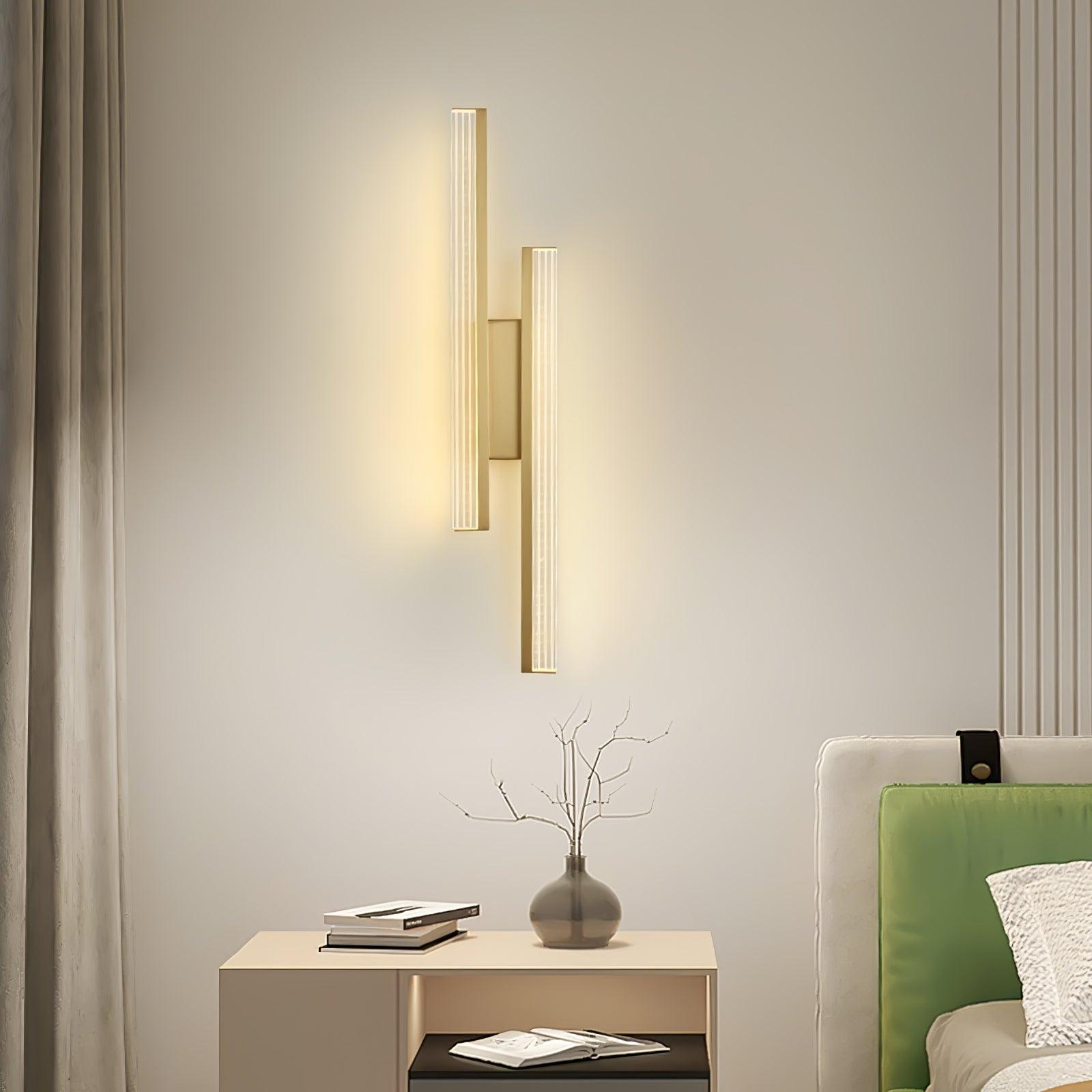 Modern Symmetrical Brass Linear LED Wall Sconce with Clear Acrylic Tubes Set of 2