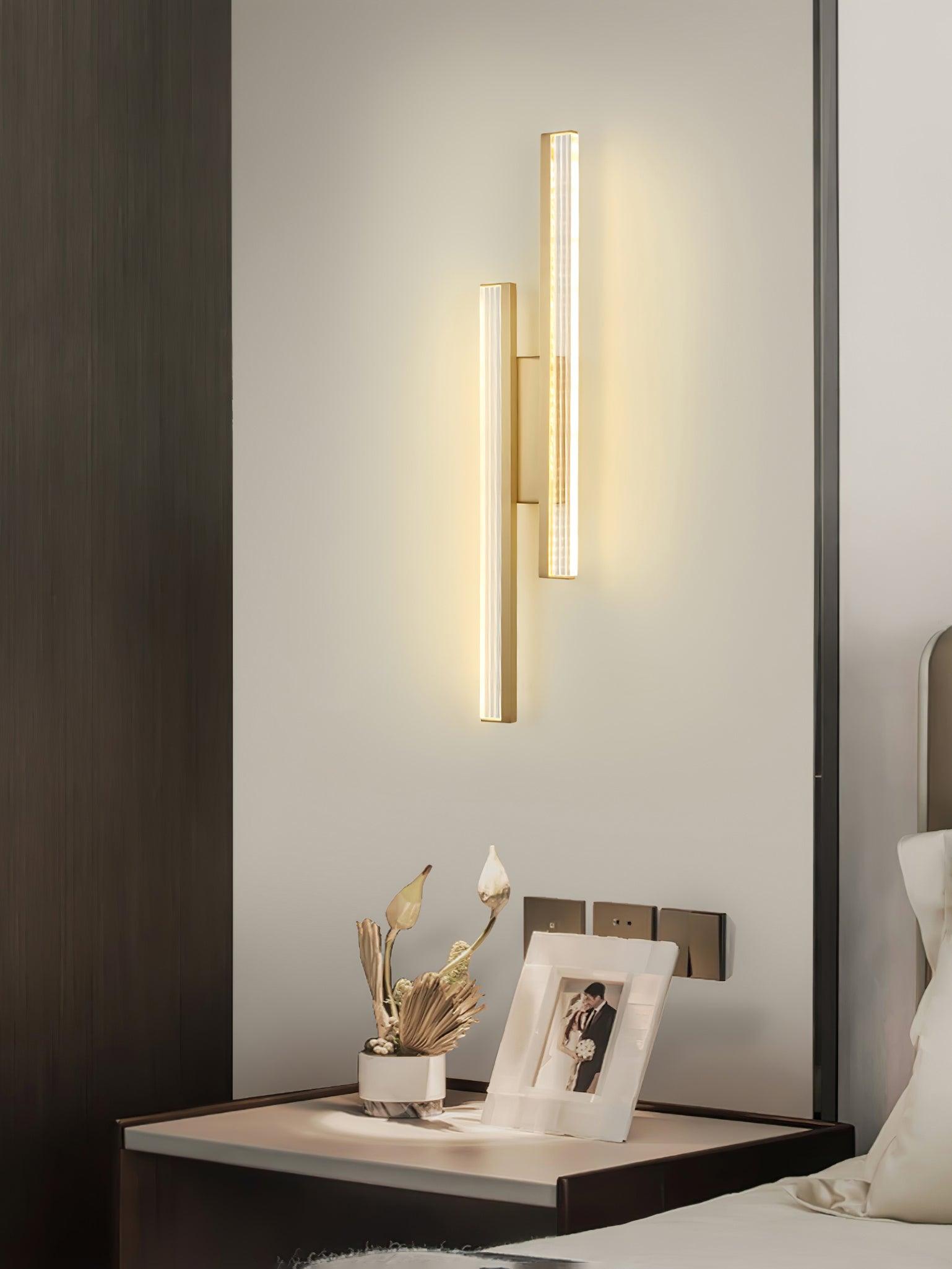 Modern Symmetrical Brass Linear LED Wall Sconce with Clear Acrylic Tubes Set of 2
