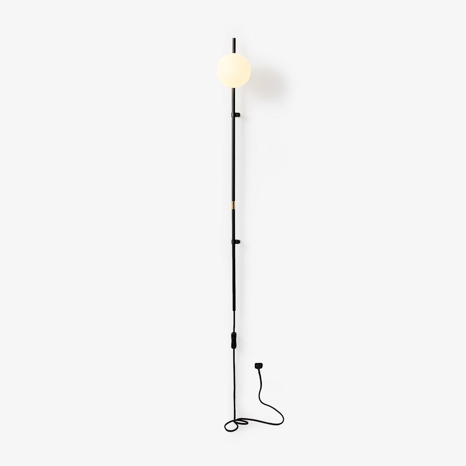 Modern Tall Vertical Stem Wall Lamp with White Glass Globe and Plug In Cord