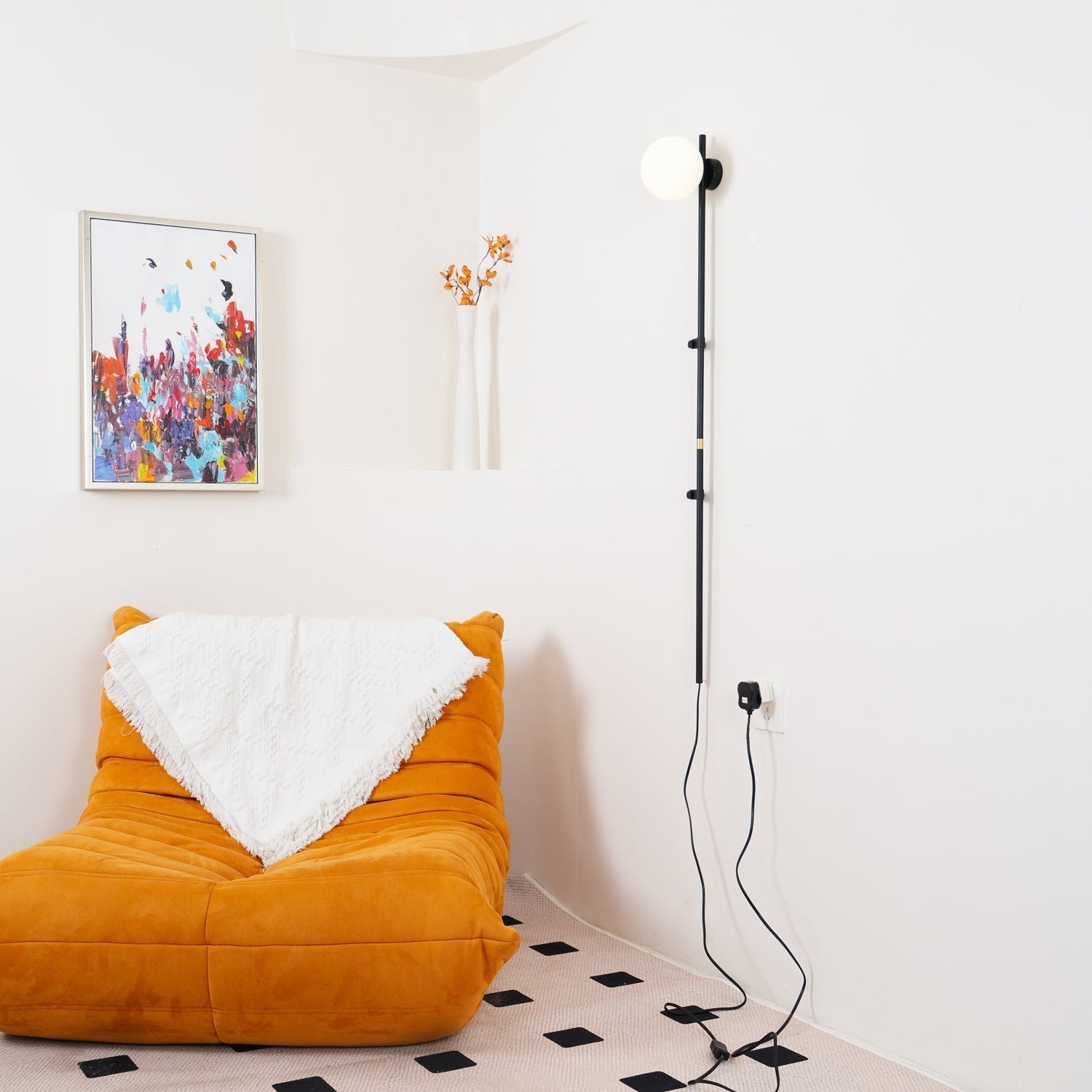 Modern Tall Vertical Stem Wall Lamp with White Glass Globe and Plug In Cord